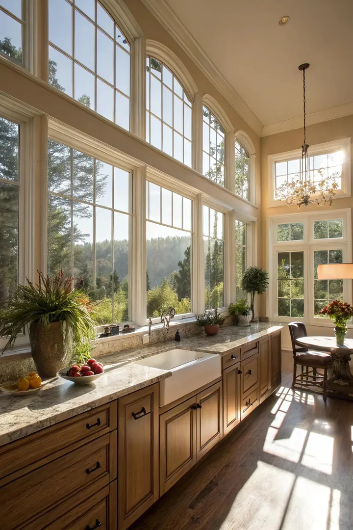 Bright kitchen with large windows and a skylight above the sink