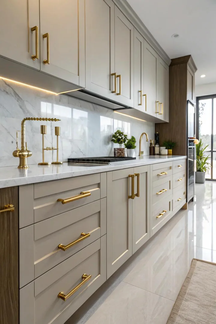 Upgraded cabinet hardware in a kitchen remodel.