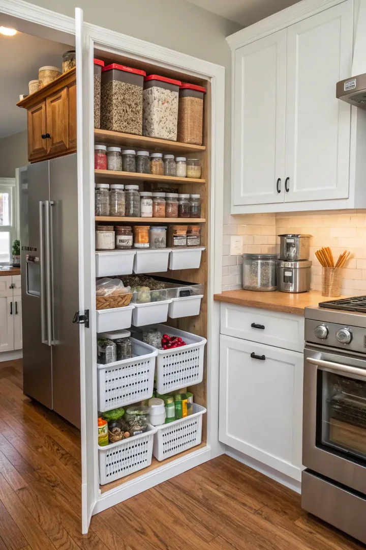 Tall kitchen cabinet converted into a full pantry with shelves.