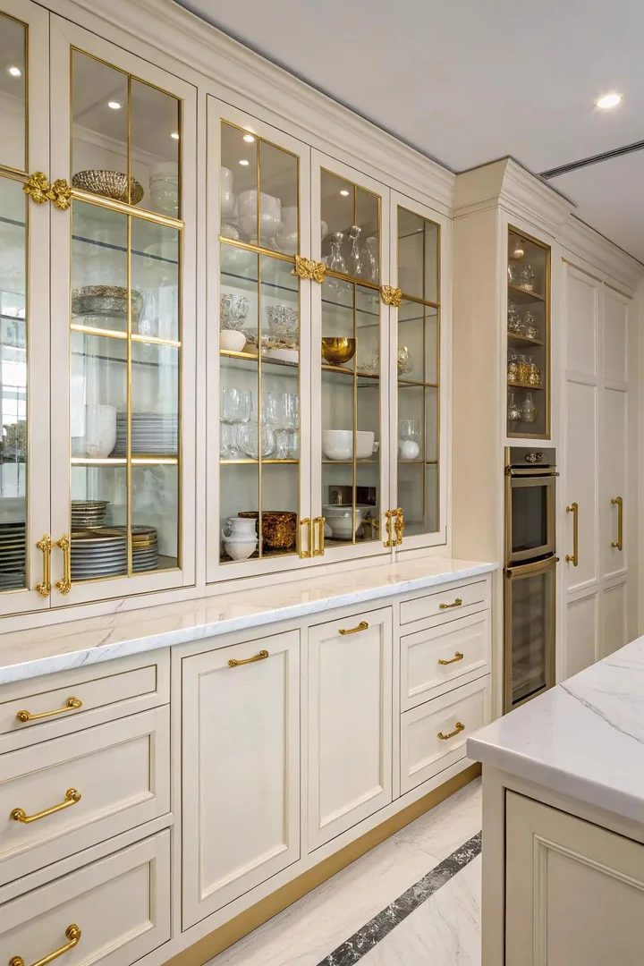 Glass cabinet doors with gold frame hardware.
