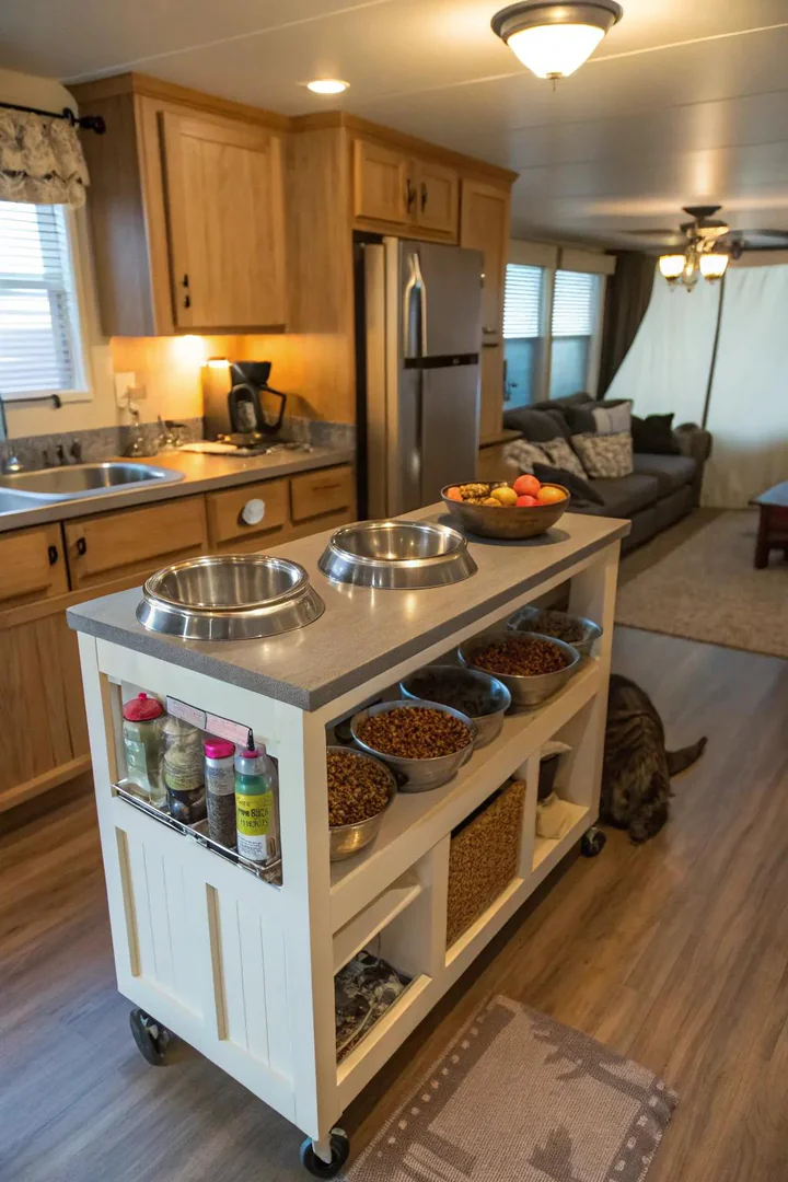 Kitchen island with a recessed pet feeding station built into the base