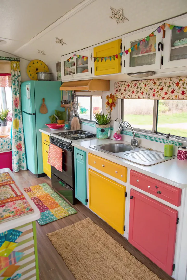 Colorful accent details in a mobile home kitchen.