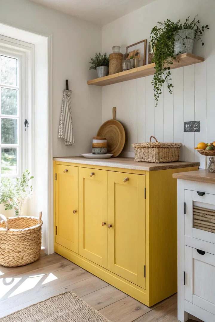 Sunny yellow painted kitchen cabinets.