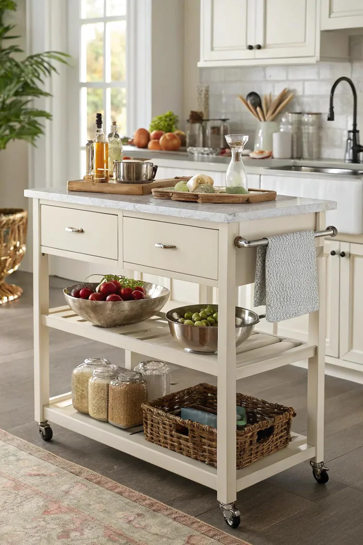 Rolling butcher-block kitchen cart adding counter space in a small rental
