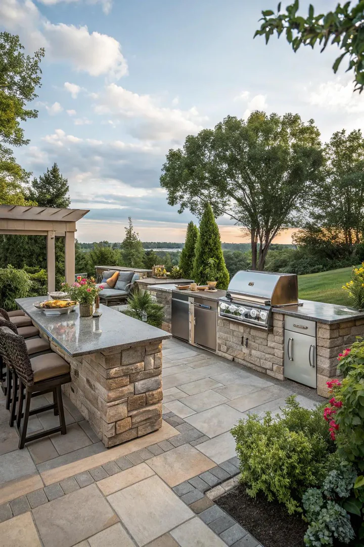 Stacked stone surround for outdoor grill.