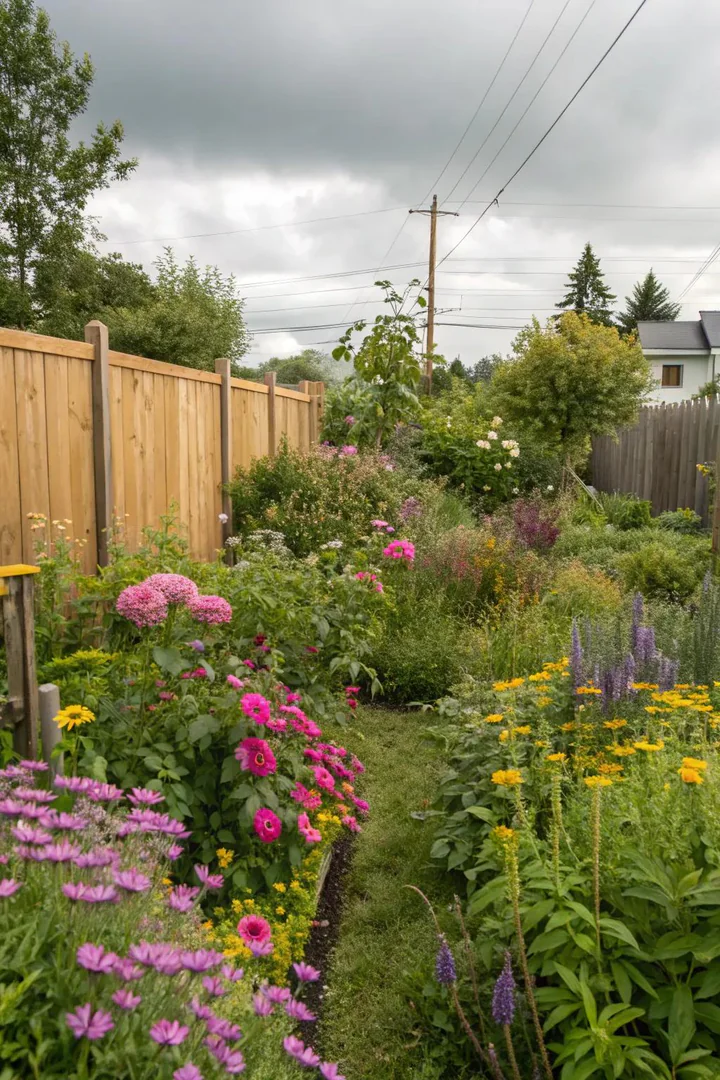 Small backyard garden bed planted with native wildflowers and grasses requiring minimal watering