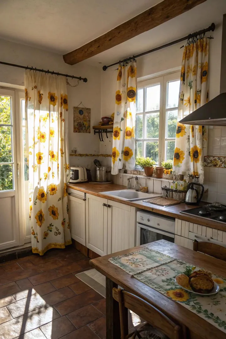 Sunflower curtain accents in the kitchen.