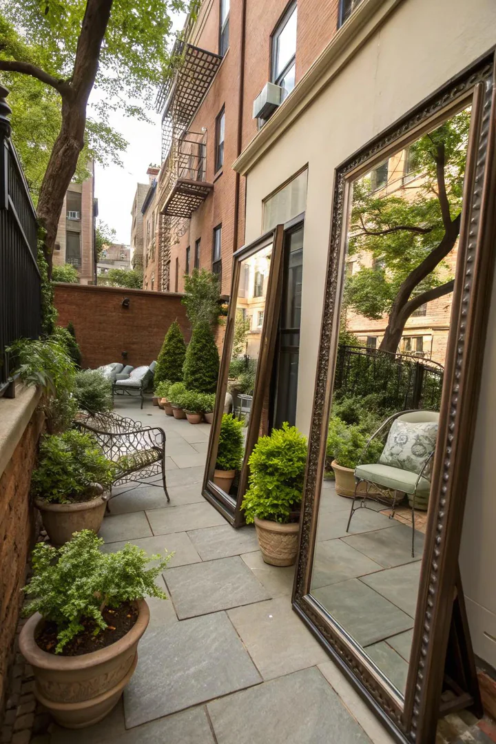 Large outdoor mirror mounted on a fence wall making a small townhouse patio appear wider