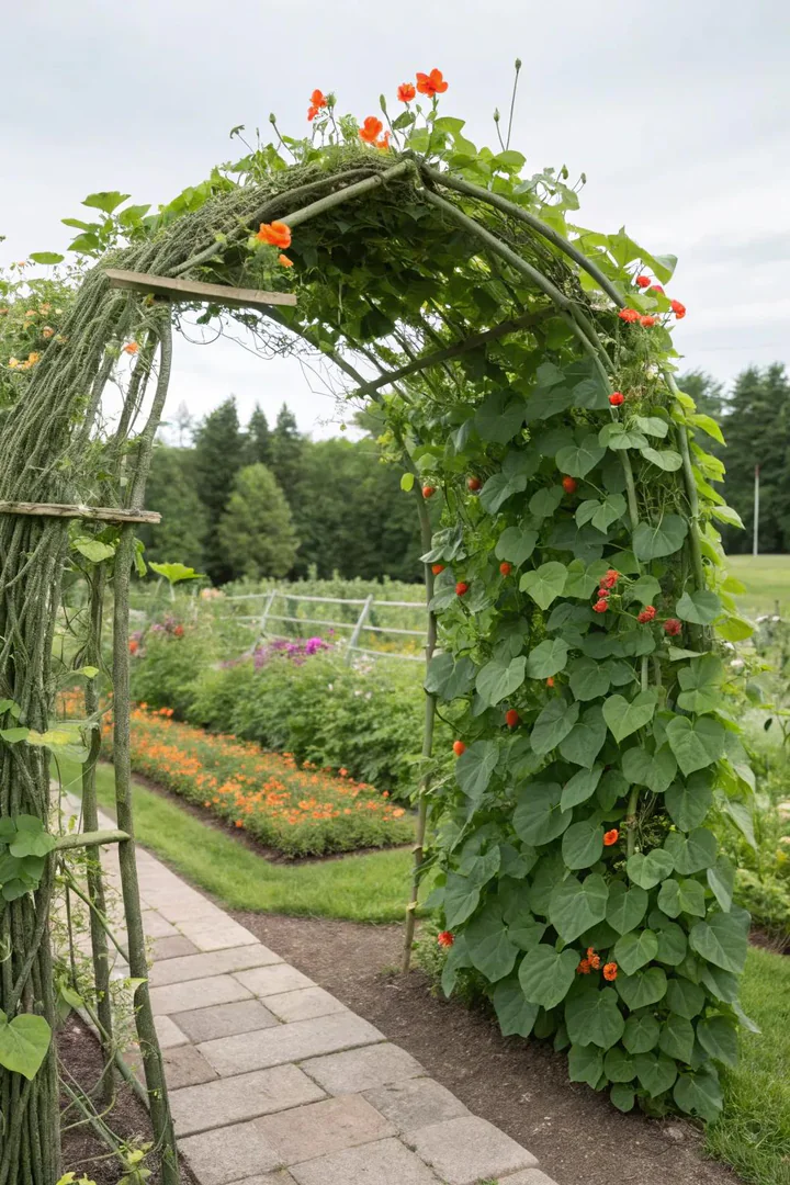 Vegetable garden trellis arbor growing beans and squash.