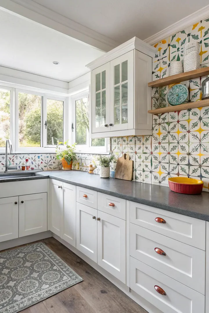 Full-height gray slab backsplash matching the countertop in a white kitchen.