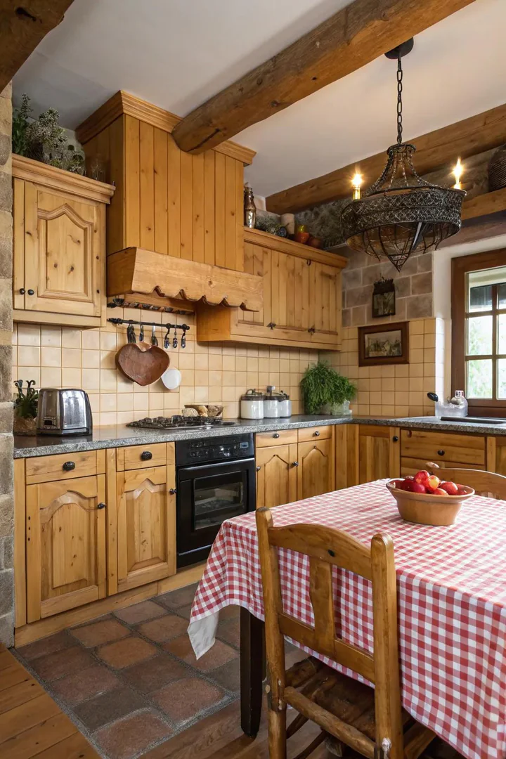 Natural pine wood kitchen cabinets.