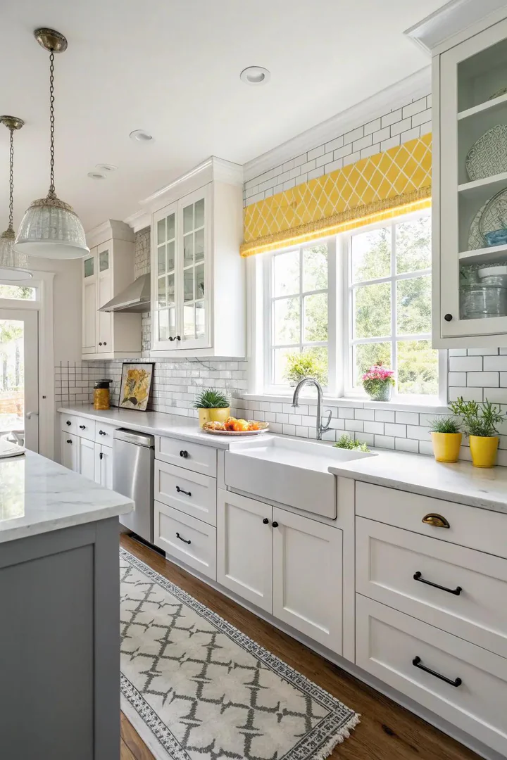 White backsplash with yellow and grey decorative accessories.