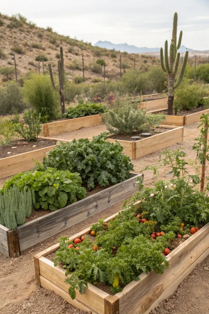 Raised garden beds made from cinder block and cedar boards in a desert backyard