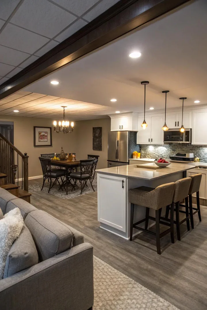Basement kitchen with a peninsula counter extending from the wall providing bar seating