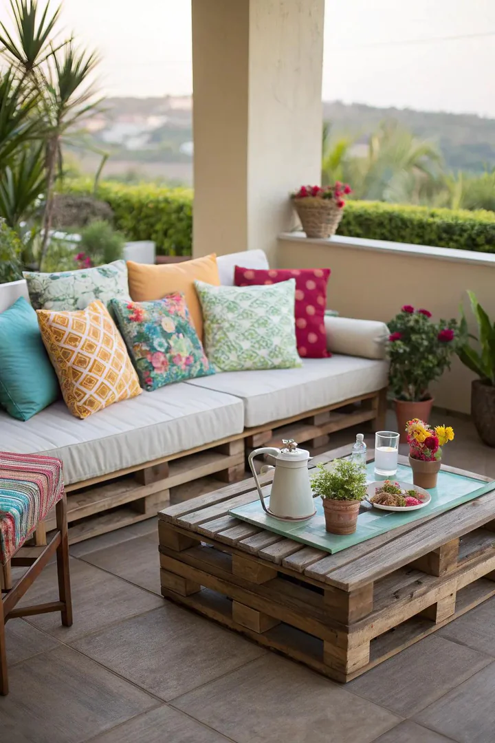 Pallet furniture on a budget patio.