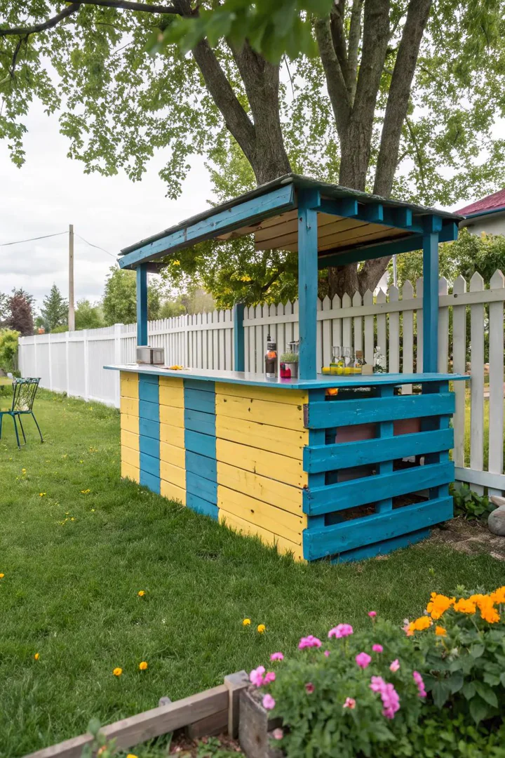 Pallet bar painted in bright multi-color stripes with contrasting stool seating
