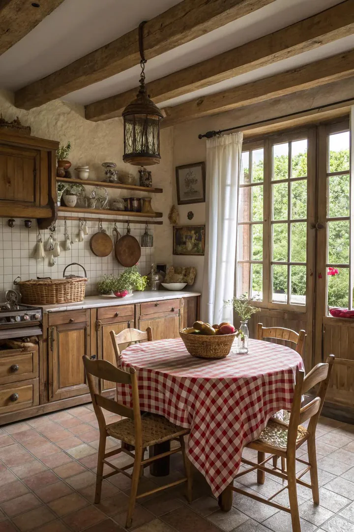 Gathering-focused French country kitchen layout.