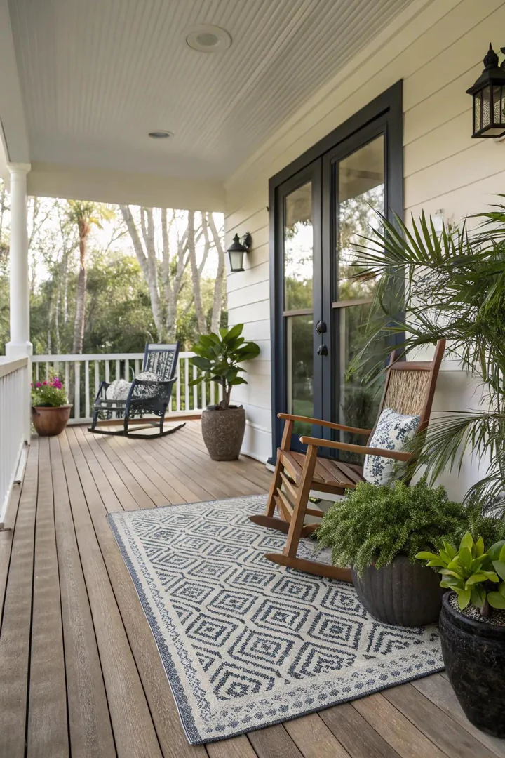 Indoor-outdoor area rug on a Florida front porch.