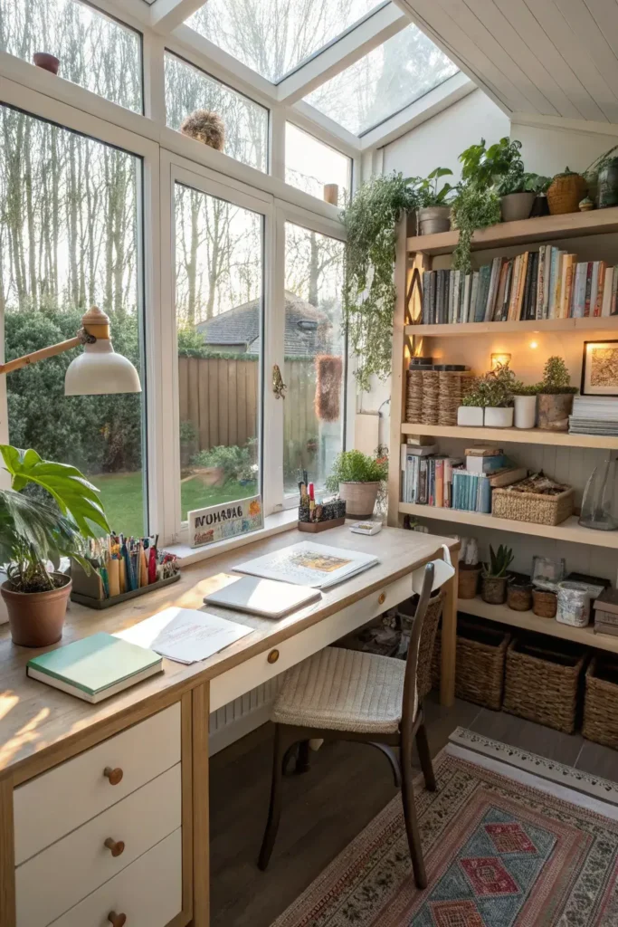sunroom converted into a home office with a desk facing the glass wall