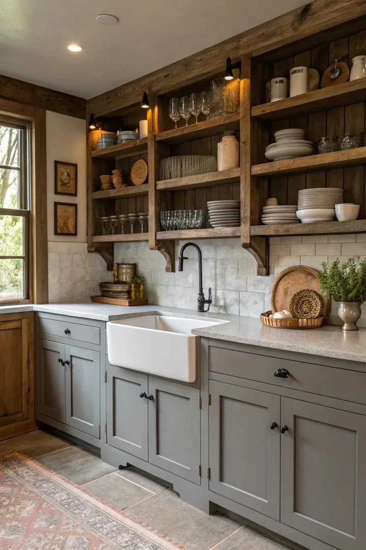 Farmhouse grey Shaker cabinets with apron-front sink.