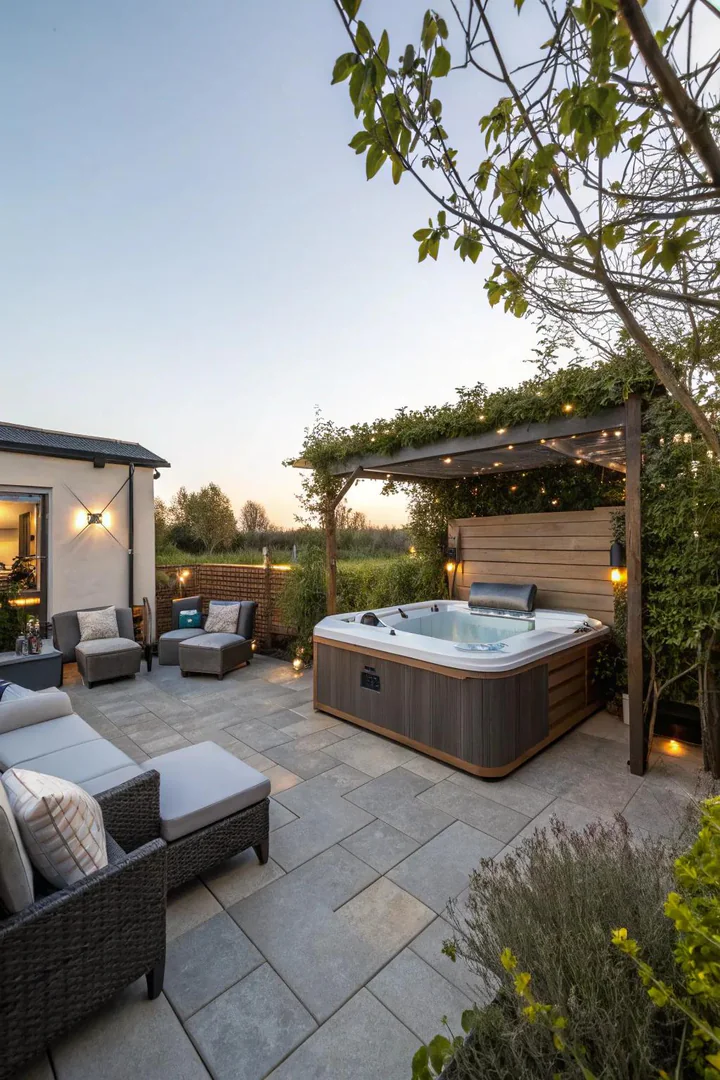 Weatherproof outdoor speakers mounted on posts near a hot tub patio with string lights