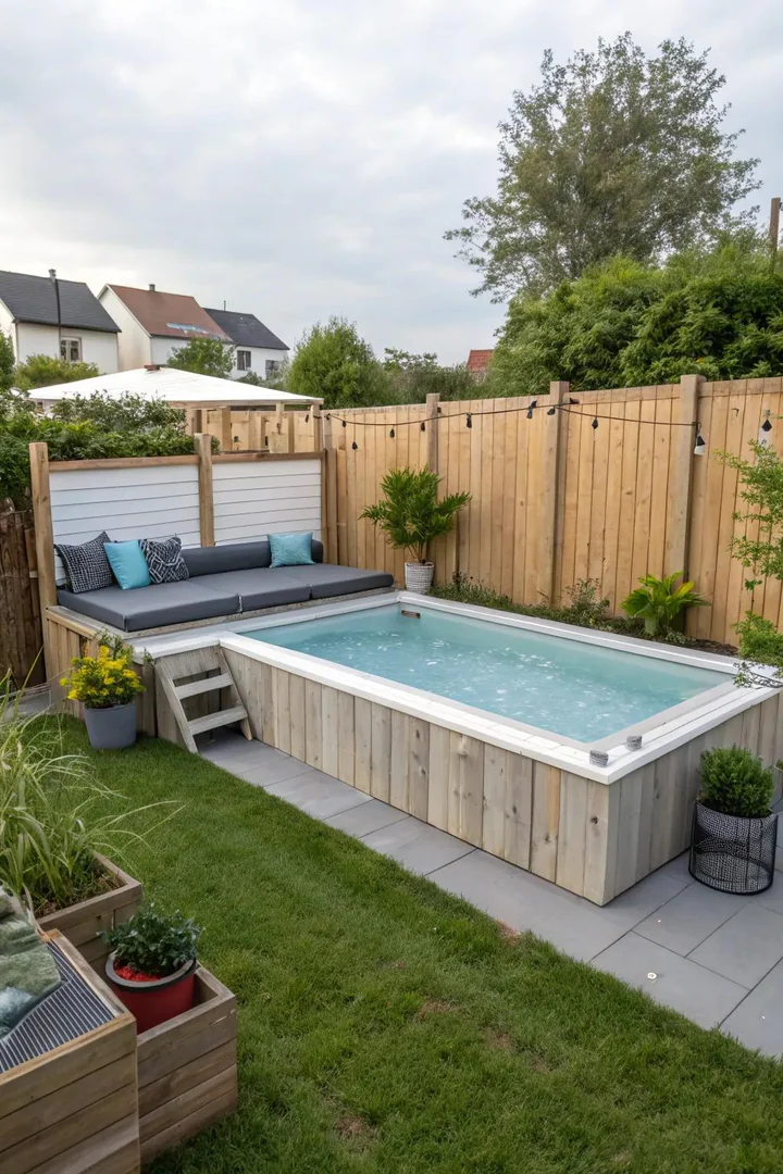 Custom bench built into the deck surround of an above-ground pool at rim height