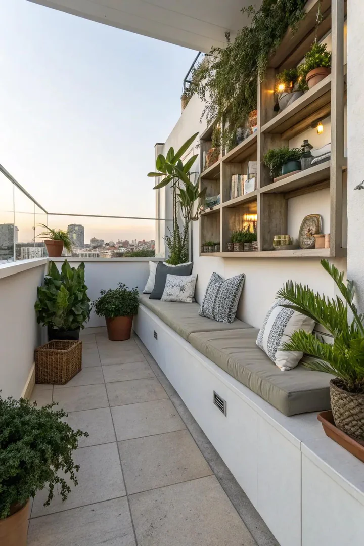 Small terrace with wall-mounted hooks, hanging baskets, and under-bench storage
