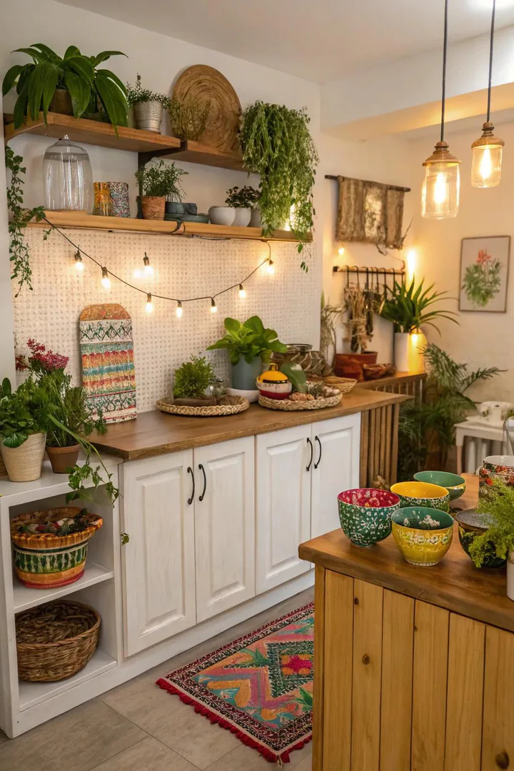 Kitchen peninsula with personal decorative touches.