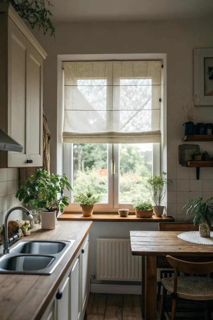 Semi-sheer roller shade on a kitchen window over the sink.