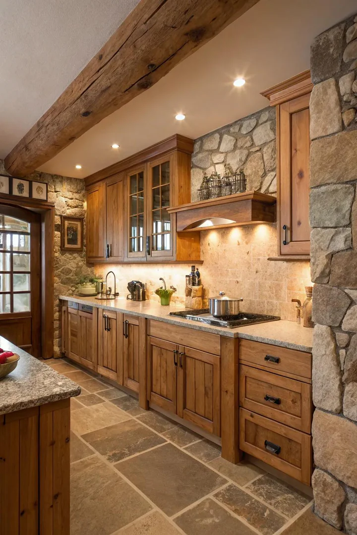 Natural wood and plants bringing life to a windowless kitchen.