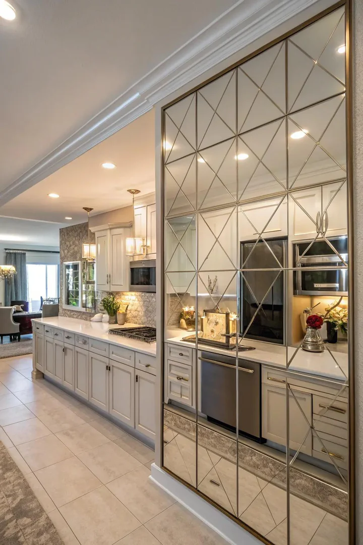 Mirror accent wall in a kitchen.