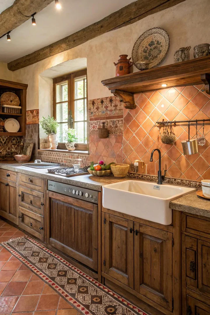 Warm terracotta tone kitchen backsplash.