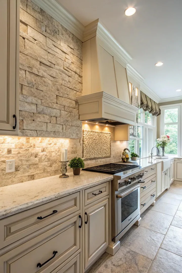 Stacked natural stone ledger panel backsplash with earthy brown and gray tones