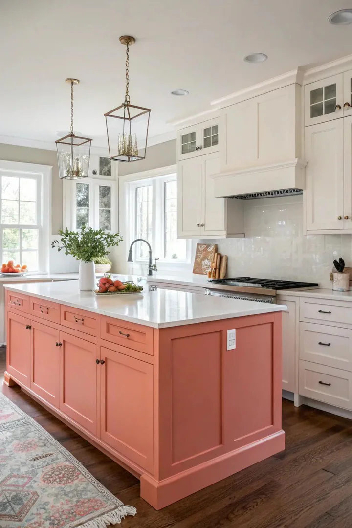 Coral-colored kitchen island adding warmth to a white kitchen