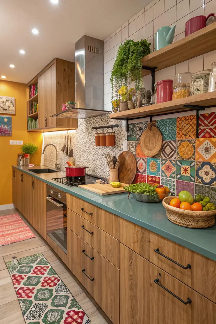 Kitchen with mixed materials, wood accents, and colored cabinets