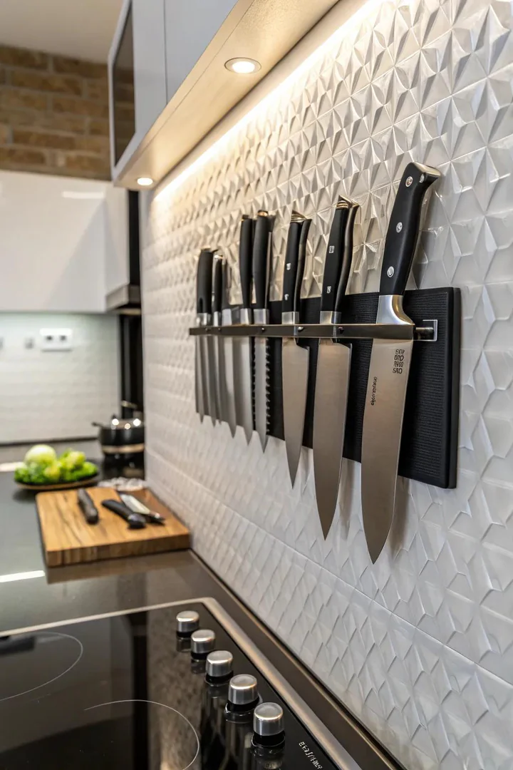 Wall-mounted magnetic knife strip holding kitchen knives.