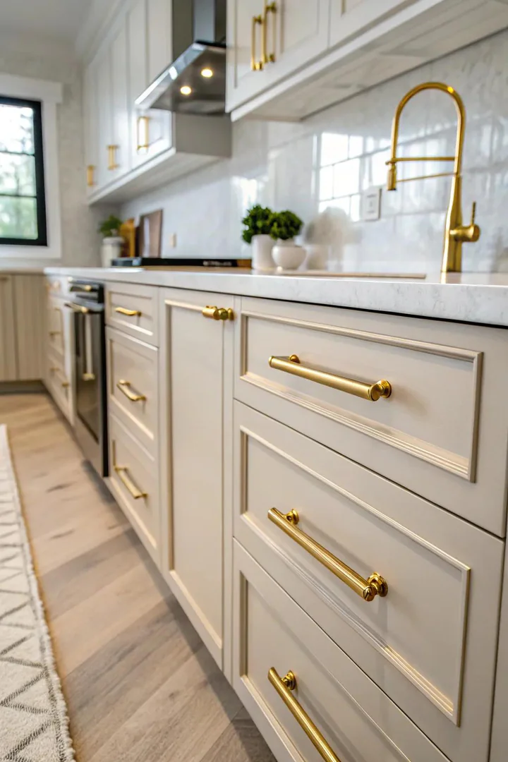 Oversized gold statement pulls on kitchen cabinets.