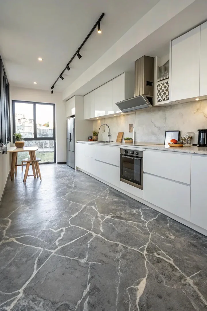 Concrete-look marble kitchen floor.
