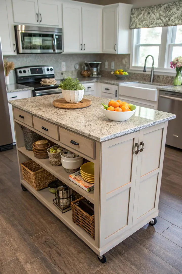 Small island with a polished black granite countertop and white cabinet base