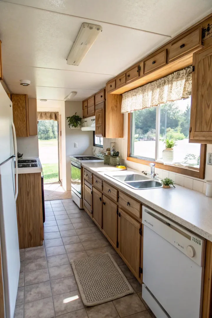Natural light flooding a mobile home kitchen.