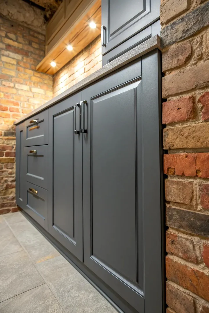 Industrial gray painted kitchen cabinets.