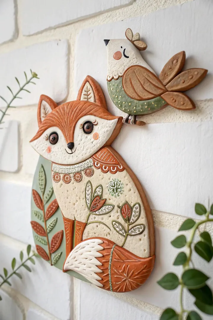 Whimsical polymer clay animal wall hangings.