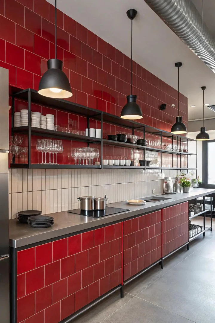 A contemporary kitchen with bold red linear tiles.