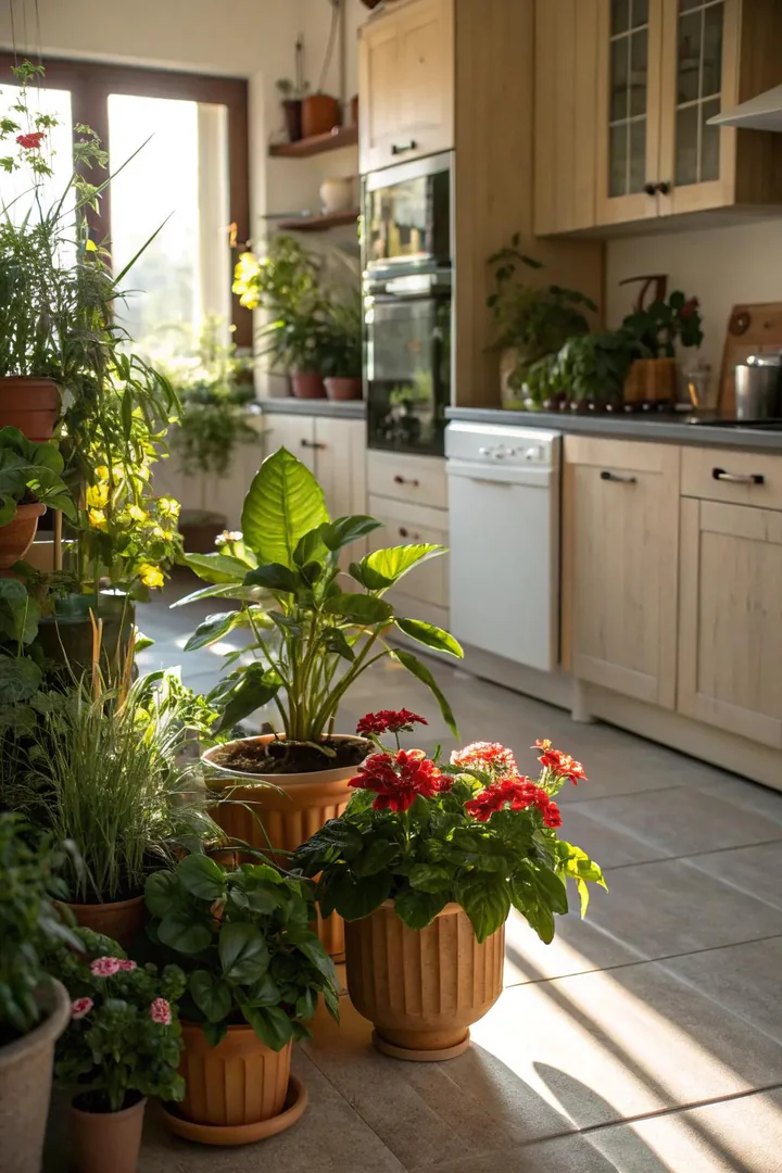 Potted herbs and a trailing pothos on a rental kitchen windowsill
