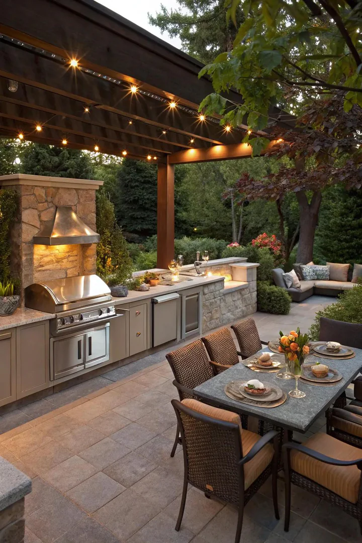 Built-in bench seating at an outdoor kitchen.