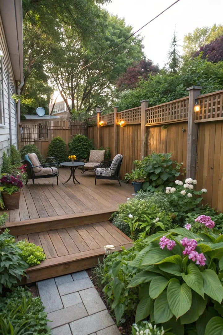 Ground-level floating deck made from composite boards in a small backyard