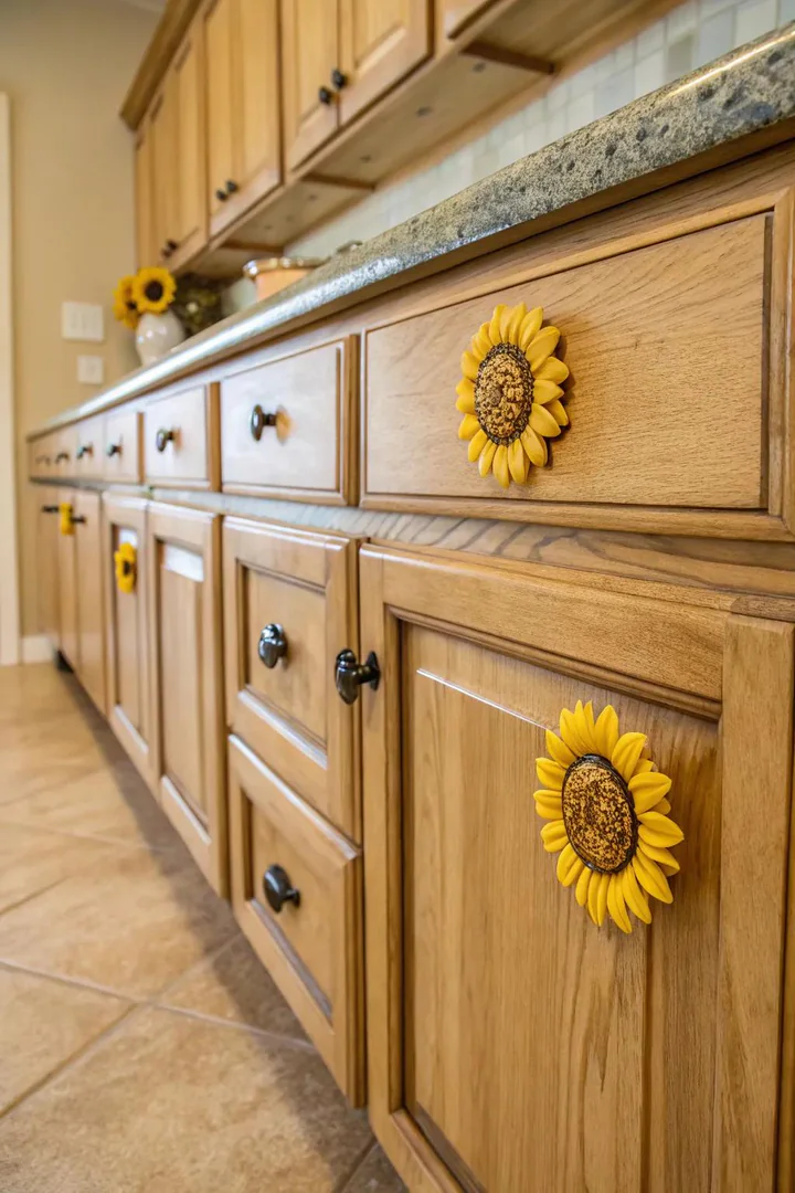 Vintage sunflower ceramic knobs on kitchen cabinets.