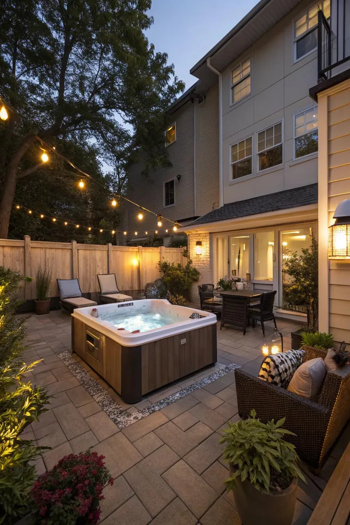 Compact plug-and-play hot tub tucked into the corner of a townhouse patio with bamboo screening