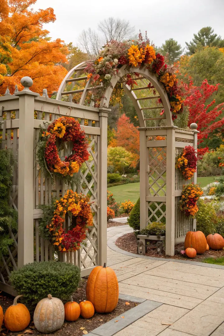 Seasonal decoration arbor with holiday and harvest accents.