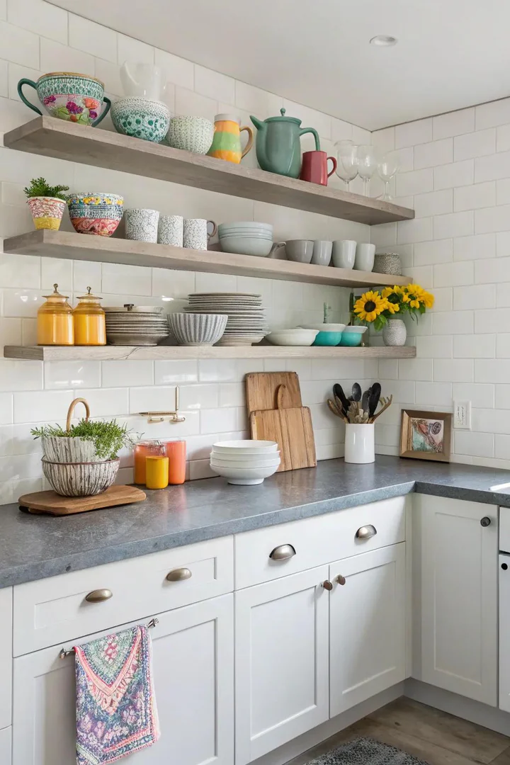 Floating display shelves flanking a kitchen window above gray countertops.